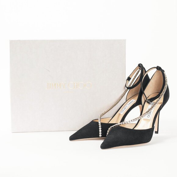 Jimmy Choo Talika 85 Black Suede Crystal-Chain Pumps - Picture 11 of 11